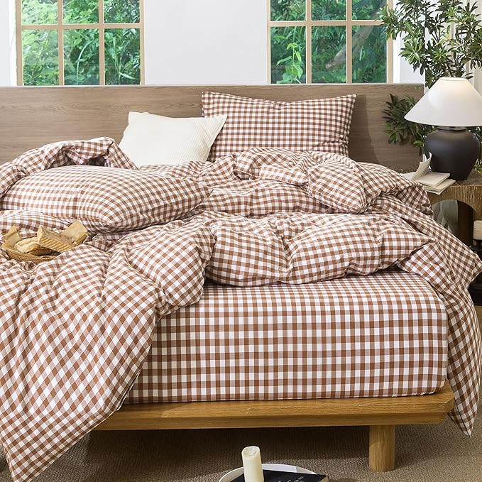 MooMee Gingham Duvet Cover Set 100% Washed Cotton Linen Like Textured Breathable Durable Soft Comfy Modern Checkered Design (Dark Orange Gingham, Full 80"x90")