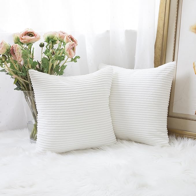 Home Brilliant Set of 2 Decor Supersoft Pillow Covers Striped Velvet Corduroy Decorative Throw Toss Cushion Cover for Sofa, 50x50 cm, 20 x 20 Inch, Pure White,