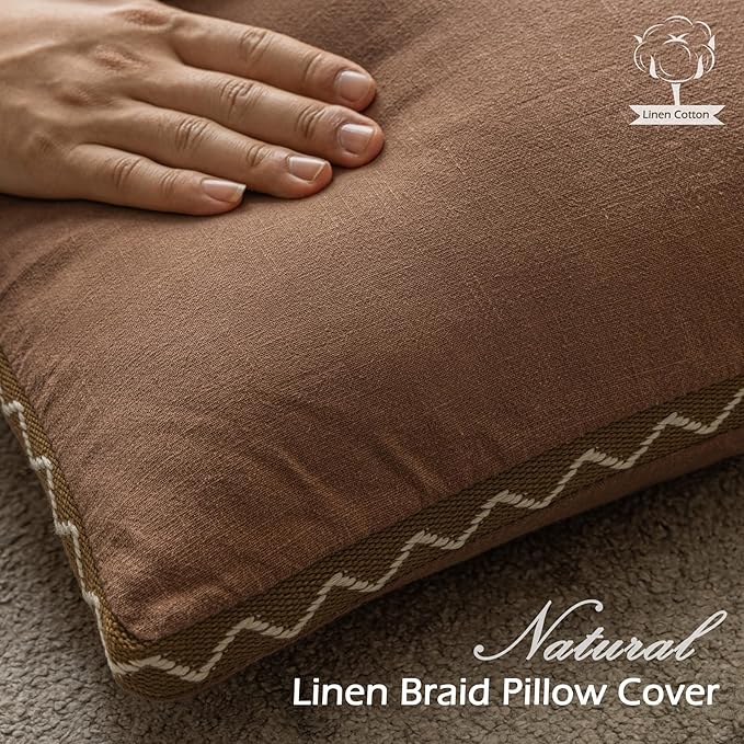 Decorative Neutral Linen Throw Pillow Covers 18x18 Inch Set of 2, Terracotta Boho Farmhouse Pillow Covers with Braid Fringe for Sofa Bed Modern Couch Pillow Cases for Organic Home Decor