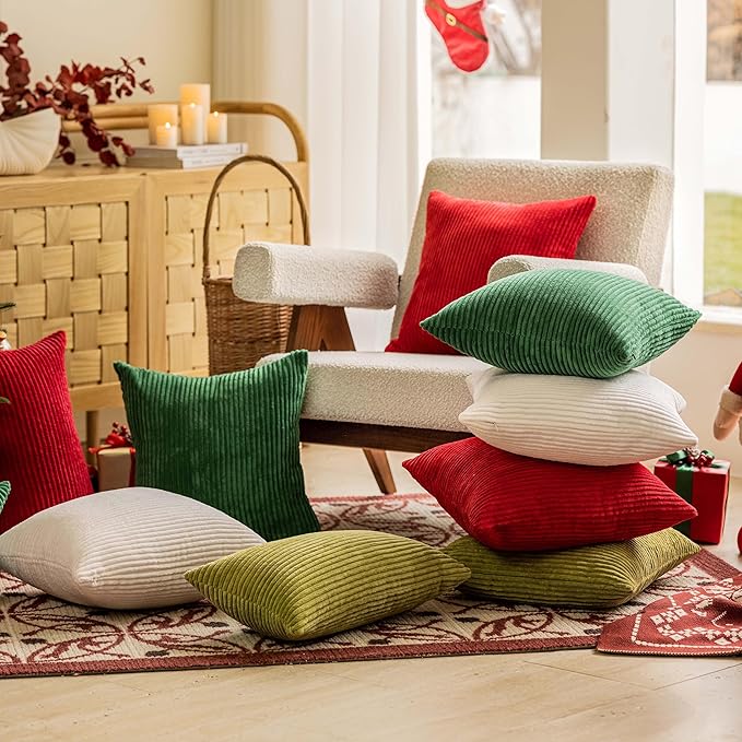 Home Brilliant Spring Decorative Spring Pillow Covers for Couch Plush Corduroy Striped Green Throw Pillow Covers Set of 2 for Living Room Sofa Bed Decor, 45cm, 18 x 18 Inch, Green