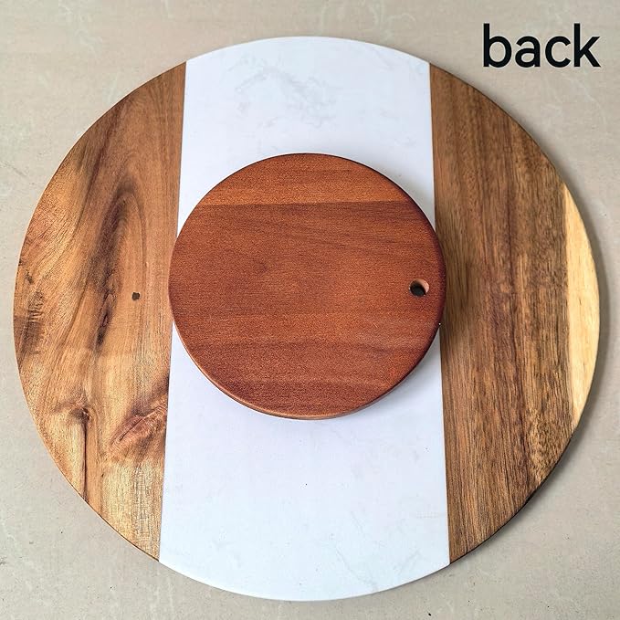 13" Marble and Wooden Lazy Susan – Rotating Table Tray for Dining Table, Kitchen, or Coffee Table – Decorative Turntable Serving Tray