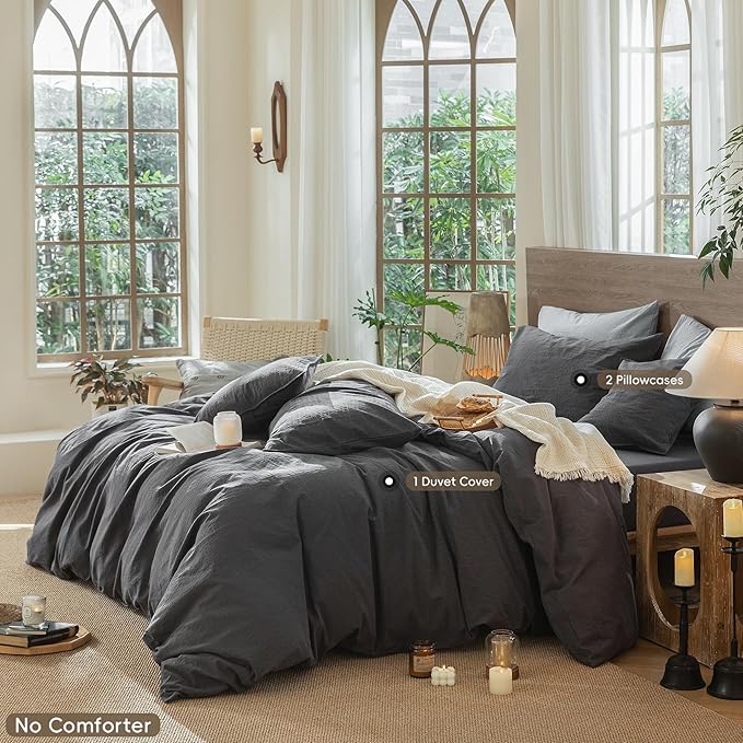 MooMee Wavy Striped Duvet Cover Set 100% Washed Cotton Linen Like Textured Breathable Durable Soft Comfy (Charocal Grey, Super Queen 90"x98")