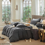 MooMee Wavy Striped Duvet Cover Set 100% Washed Cotton Linen Like Textured Breathable Durable Soft Comfy (Charocal Grey, Super King 108"x98")