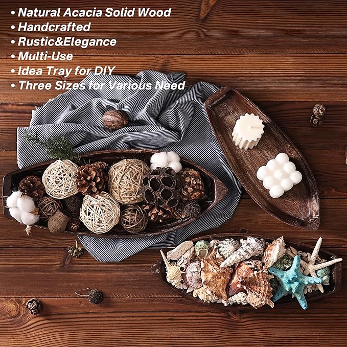 Rustic Wooden Serving Tray, Boat Shape Decorative Tray Vintage Centerpiece, Farmhouse Rustic Trays, Key Tray, Decorative Platter for Countertop Home Decorations- Distressed Brown。(Size M)