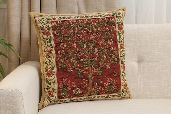 Charlotte Home Furnishings Tapestry Pillow Covers, Tree of Life Cushion Covers for Couch, Living Room 18x18 in, European Cotton Jacquard Woven for Cozy Bedroom Decor
