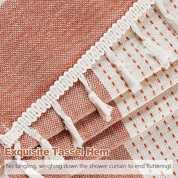 Boho Farmhouse Heavyweight Shower Curtain with Tassels, Rustic Cotton Linen Woven Fabric Striped Shower Curtain Water Repellent, Rusty Red Shabby Chic Shower Curtains for Bathroom