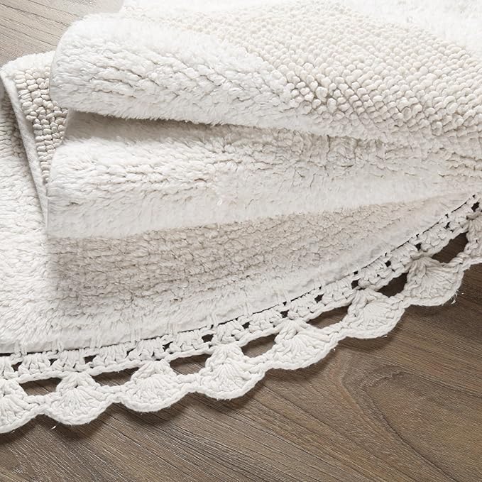 Savi Home Half Circle Bohemian Bathroom Rug with Handwoven Chrochet Border, Beautifully Handcrafted 100% Cotton Mat - 22x42, Half Round Boho Bedroom Rug, Boho Bathroom Décor, Machine Washable - White