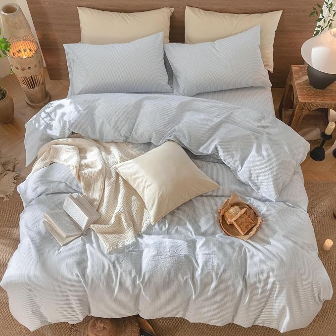 MooMee Striped Duvet Cover Set 100% Washed Cotton Linen Like Textured Breathable Durable Soft Comfy (Cornflower Blue White Pinstripes, Twin 68"x90")