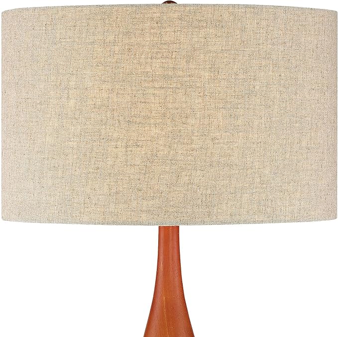360 Lighting Rocco Mid Century Modern Table Lamp 30" Tall White Wave Geometric Ceramic Oak Wooden Neck Tan Fabric Drum Shade for Living Room Bedroom House Bedside Nightstand Home Office