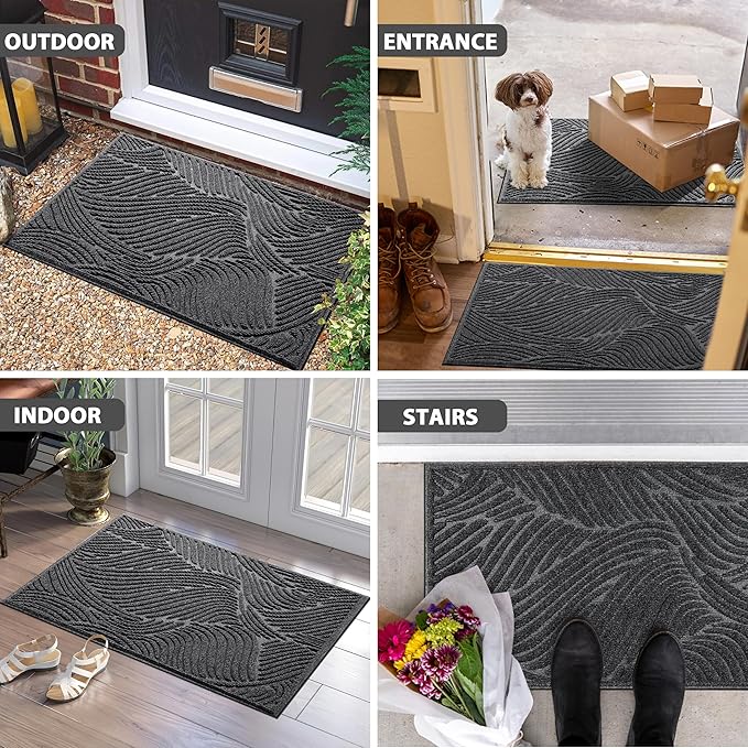 Yimobra Doormat Outdoor Entrance 29.5x17, All-Weather Waterproof Art Line Outdoor Mats for Front Door, Heavy Duty Non-Slip Welcome Matt for Garage Patio Proch Entryway Indoor, Dark Grey
