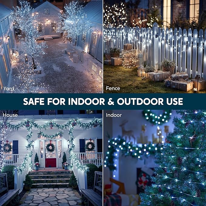 Joiedomi 600 LED Christmas Lights Outdoor,197 FT Cool White Christmas Tree Lights with 8 Modes Timer, PVC Clear Wire String Lights with Reel for Indoor Outdoor Holiday Xmas Eve Night Decorations