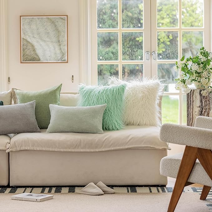 Home Brilliant Sage Green Lumbar Spring Pillow Cover Corduroy Plush Velvet Oblong Decorative Rectangle Pillowcases for Bed Couch Sofa Decor, Set of 2, 12 x 20 inches(30x50cm), Mint
