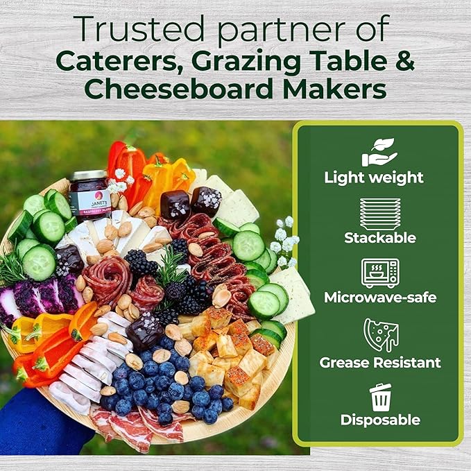 Dtocs Disposable Charcuterie Boards (25) 13" Round Palm Leaf Plates | Bamboo Like Strong Compostable Trays, Serving Platters, Grazing, Cheese Boards for Wedding Parties, Catering | Wooden Look