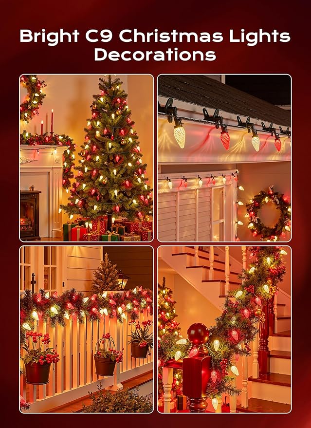 C9 Christmas Lights Outdoor, 100 FT 150 LED Connectable C9 String Lights with 8 Modes and Timer Xmas Tree Patio Roofline Garden Yard Holiday Party Indoor Outdoor Decoration, Red and Warm White