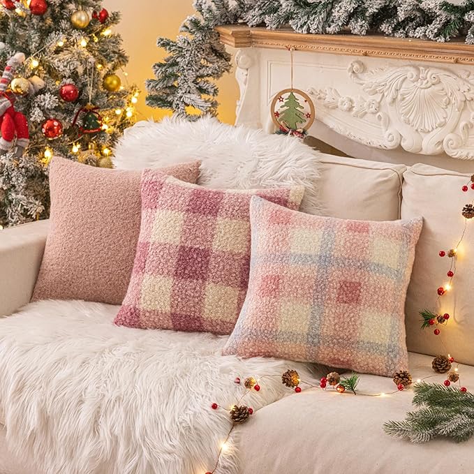 AQOTHES Pink White Plaid Winter Throw Pillow Covers 12x20 Inch Set of 2, Boucle Faux Fur Pillow Covers,Cozy Fluffy Home Living Room Farmhouse Decor for Sofa Couch Bed