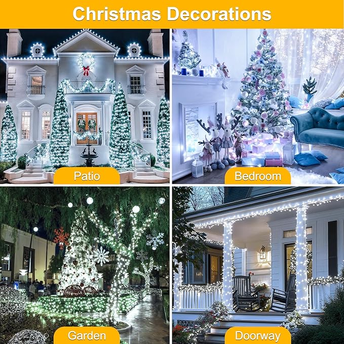 196 FT 600LED Christmas Lights Plug in,Waterproof Fairy Lights with Timer/8 Modes, Christmas Tree Lights Lighting Outdoor Indoor Garden Party Wedding Christmas Tree Decoration(Cool White)