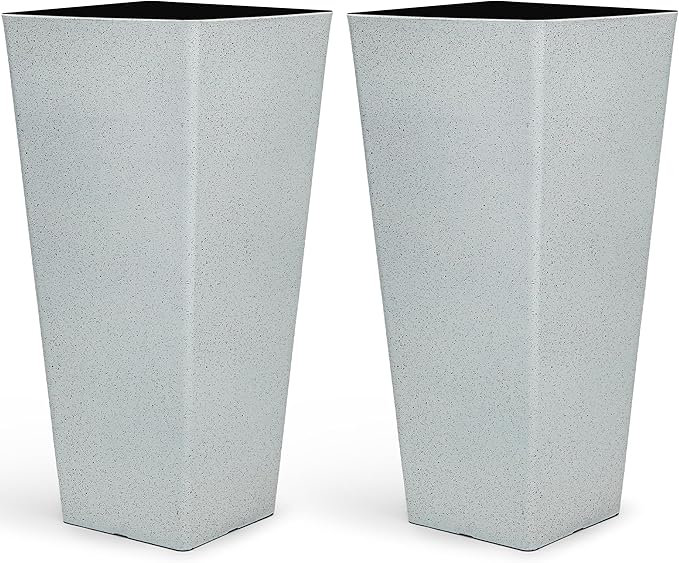 28" Tall Planters for Indoor Outdoor Plants, Set of 2 Large Tapered Flower Pots, Modern Plant Containers for Patio, Garden, Porch, Balcony or Home Decor, White Terrazzo, Durable & UV-Resistant