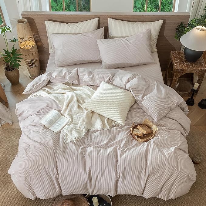 MooMee Striped Duvet Cover Set 100% Washed Cotton Linen Like Textured Breathable Durable Soft Comfy (Orange Pinstripes, Full 80"x90")