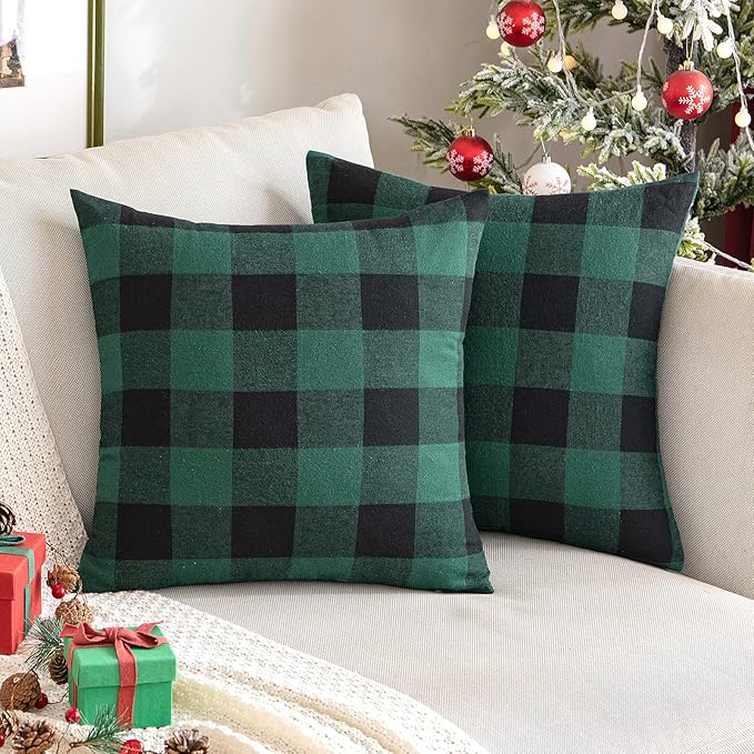 MIULEE Pack of 2 Christmas Buffalo Check Plaids Porch Throw Pillow Covers Classic Retro Linen Farmhouse Cushion Case Soft Pillowcases for Home Decor Sofa Bedroom Couch 18 x 18 Inch Green and Black