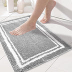 Tititex Luxury Grey White Frame Line Bathroom Rug, 16x24 inch Extra Soft and Absorbent Microfiber Bath Rugs, Non-Slip Plush Shaggy Bath Carpet, Bath Mats for Bathroom Floor, Tub and Shower