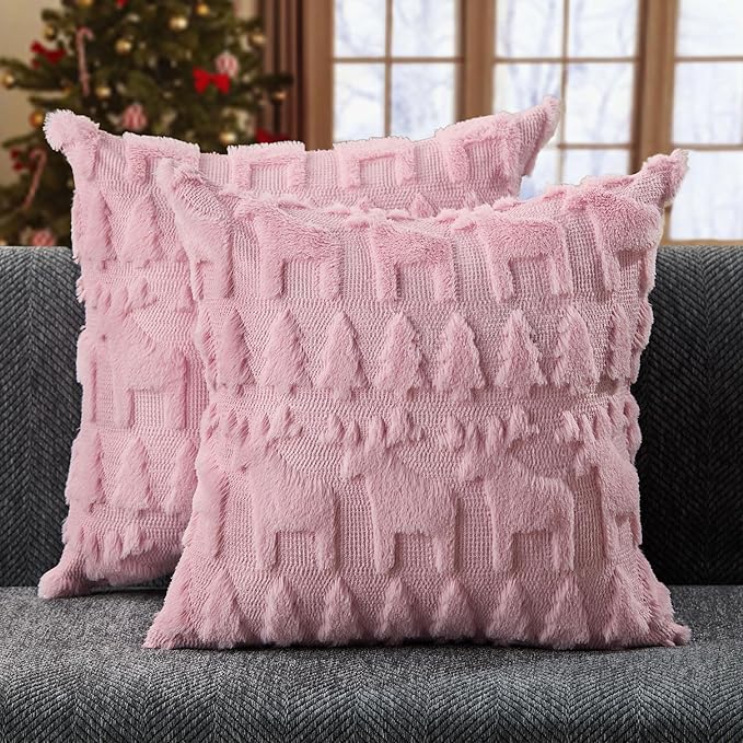 DFXSZ Christmas Pillow Covers 18x18 inch Set of 2 Pink Christmas Tree Elk Decoration Soft Plush Faux Fur Jacquard Throw Pillows for Bedroom Sofa Holiday Festivals Winter Home Decor PTK069D18