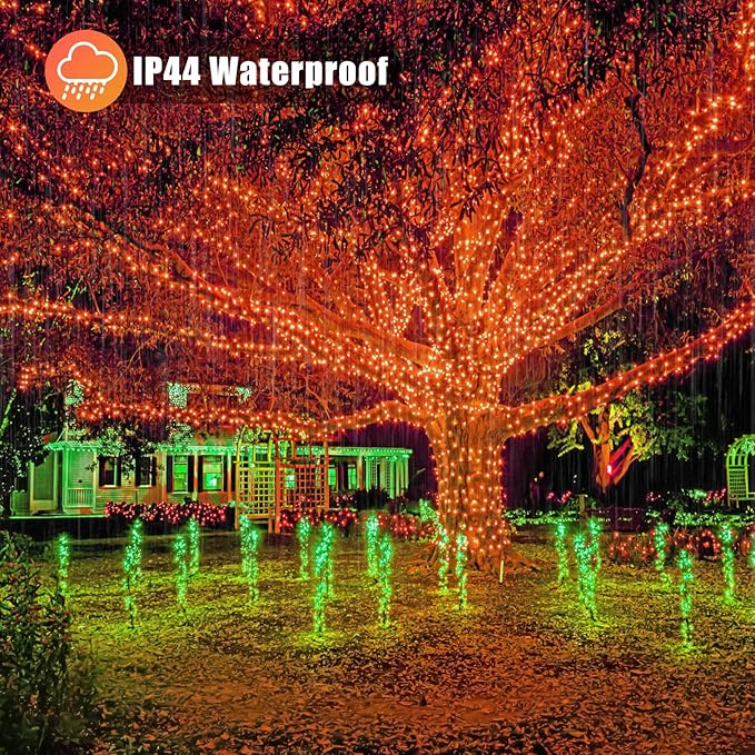 Vivideal 100 LED Orange Halloween Lights Outdoor Waterproof 33ft Halloween String Lights Indoor 8 Modes Clear Wire, Plug in Orange String Light for Xmars Tree Bedroom Thanksgiving Decorations