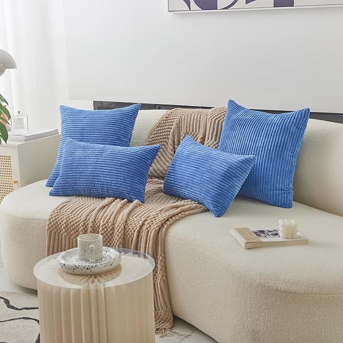 Home Brilliant Lumbar Pillow Covers 12x20 Dark Blue Plush Velvet Corduroy Striped Throw Pillow Covers for Couch Bed Living Room, 12 x 20 inch, Blue