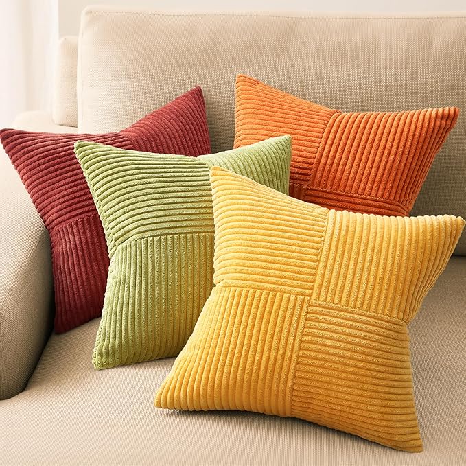 Topfinel Fall Burnt Orange Decorative Throw Pillows Covers 24x24,Soft Corduroy Square Throw Pillow Covers Set of 4,Western Farmhouse Cushion Cover for Couch Sofa Bedroom(Terracotta,Rust,Yellow)