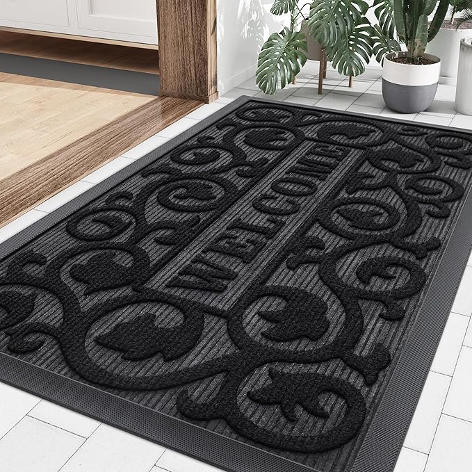 Smiry Welcome Door Mat Outside Entrance, Heavy Duty Trap Dirt and Moisture Easy Clean Low Profile Patio Porch Indoor Outdoor Front Doormat for Entry, 36x24 Inch, Black/Welcome
