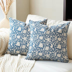 Floral Throw Pillow Covers 24x24 Farmhouse Block Print Pillow Covers Decorative Pillow Covers Couch Pillows for Living Room Vintage Accent Sofa Pillows Set of 2, Vintage Blue