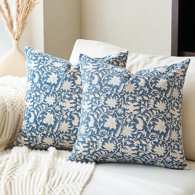 Floral Throw Pillow Covers 18x18 Farmhouse Block Print Pillow Covers Decorative Pillow Covers Couch Pillows for Living Room Vintage Accent Sofa Pillows Set of 2, Vintage Blue