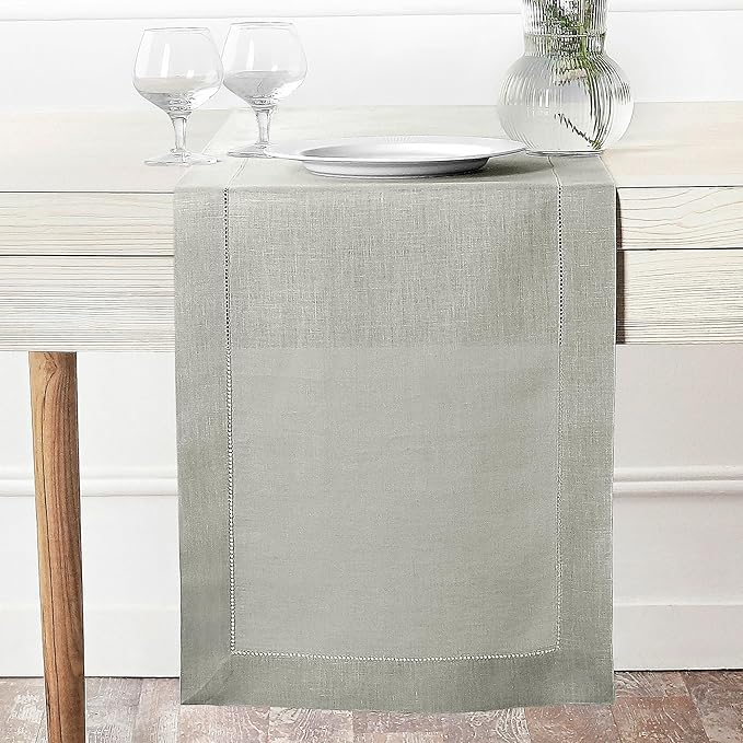 D'Moksha Homes Linen Silver Grey Table Runner 90 Inches Long - Classic Hemstitch 100% Pure Linen Dining Table Runner 14 x 90 Inch for Fall, Autumn and Halloween