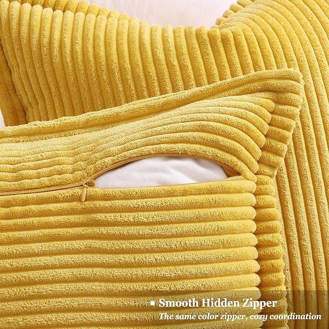 decorUhome Corduroy Mustard Yellow Throw Pillow Covers 12x20 Set of 2 Decorative Soft Boho Farmhouse Lumbar Euro Couch Pillow Covers for Living Room Bed Sofa Broadside Striped Pillow Cases