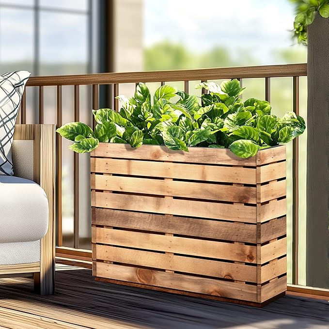 FENCY Large Metal Planter, Large Rectangular Planters for Outdoor Plants, Tall Outdoor Planters for Porch Patio, 35.4″ × 9.1″ × 25.6″ H Walnut Finish Metal Planter with Drainage Hole