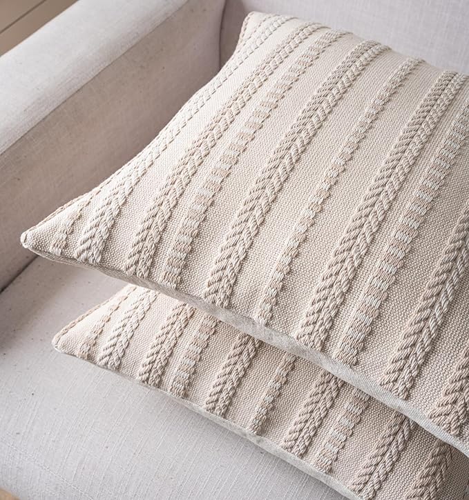 Boho Throw Pillow Covers 20x20 Inch Set of 2, Farmhouse Decorative Couch Pillow Cases, Beige Accent Pillows of Bed, Sofa Bedroom Living Room Home Decor Cushion Cover