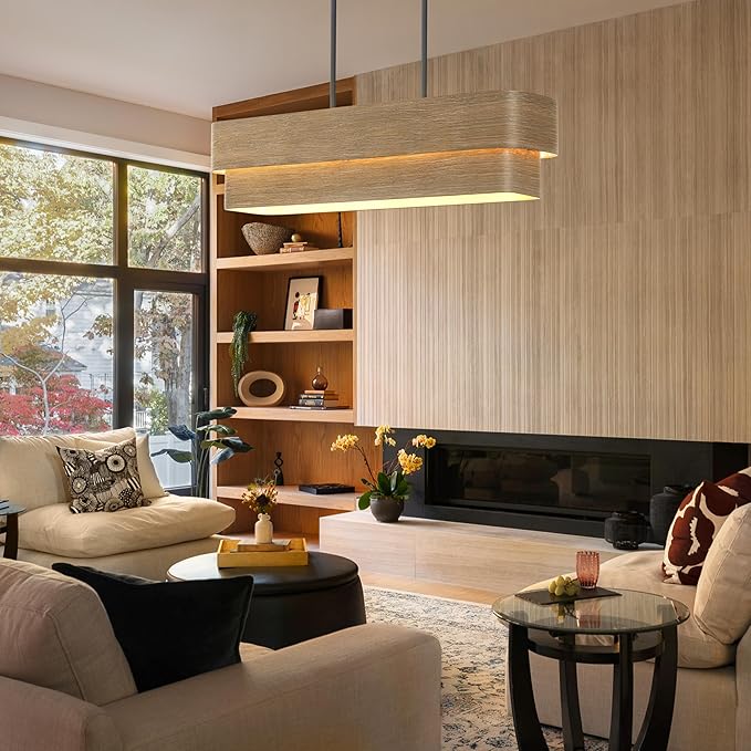37.5 Inch Farmhouse Kitchen Island Lighting 4-Light Rectangle Dining Room Light Fixture Large Linear Chandelier with Wood Grain Finish for Dining Room Kitchen Bar Pool Table