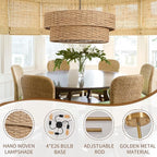 22.8in Woven Rattan Lighting Fixture, Large Boho Coastal Pendant Lights, 2-Tier Rope Chandelier with Fabric Shade for Kitchen Island, Dining Room, Bedroom, Restaurant, Hallway