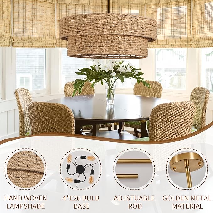 22.8in Woven Rattan Lighting Fixture, Large Boho Coastal Pendant Lights, 2-Tier Rope Chandelier with Fabric Shade for Kitchen Island, Dining Room, Bedroom, Restaurant, Hallway