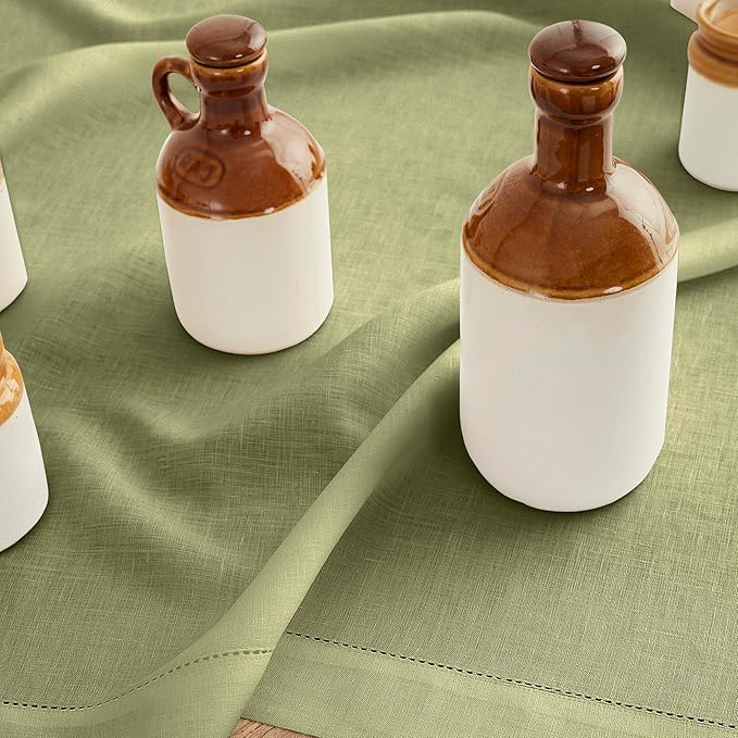 Solino Home Linen Moss Green Table Runner 120 Inches Long - 100% Pure Linen Hemstitch 14 x 120 Inch Table Runner for Dining, Fall, Autumn, Thanksgiving - Classic Hemstitch