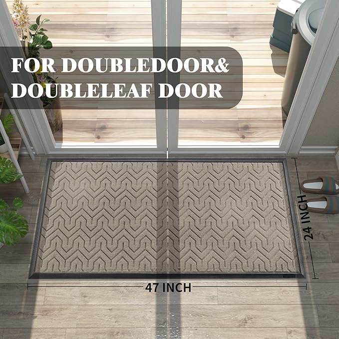 Yimobra Large Door Mat Outside Entrance 47x24, Waterproof Heavy Duty Outdoor Mats for Front Door, Non Slip Rubber Entry Mat for Garage Patio Indoor, Easy Clean, Beige