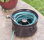 BIRDROCK HOME Water Hose Holder - Decorative Metal Pot, Indoor or Outdoor, Garden Storage Organizer, Patio Portable Bucket - Distressed Bronze, Holds up to 200ft Hoses, Large with Lid