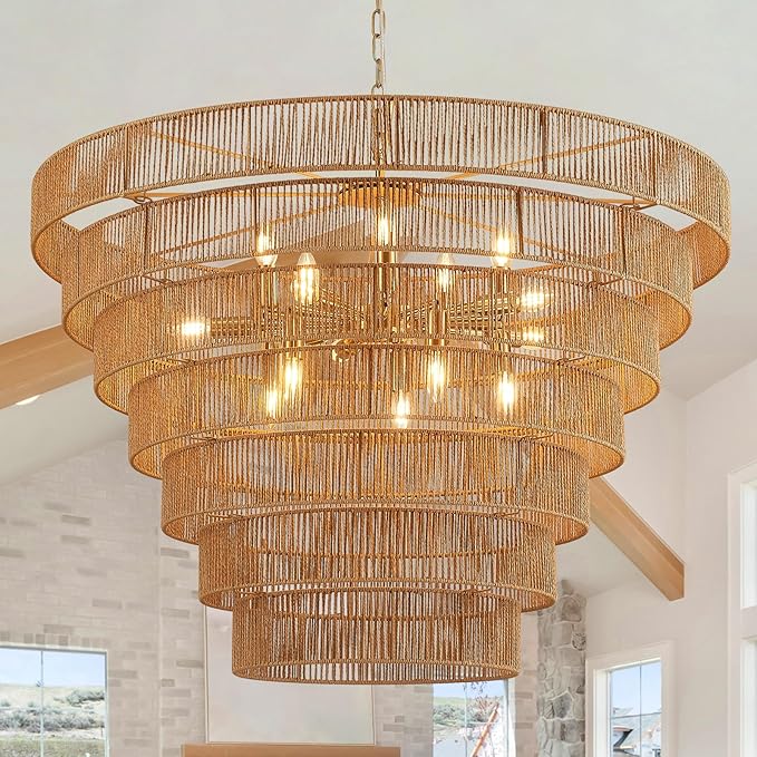 39.4" Large Hand-Woven Rattan Chandelier Vintage Farmhouse 15-Lights Boho Bamboo Chandelier Light Fixture Retro Drum Wicker Rattan Golden Chandeliers for Dining Room, Kitchen, Living Room, E12