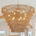 39.4" Large Hand-Woven Rattan Chandelier Vintage Farmhouse 15-Lights Boho Bamboo Chandelier Light Fixture Retro Drum Wicker Rattan Golden Chandeliers for Dining Room, Kitchen, Living Room, E12