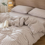 MooMee Gingham Duvet Cover Set 100% Washed Cotton Linen Like Textured Breathable Durable Soft Comfy Modern Checkered Design (Brown Gingham, Super King 108"x98")
