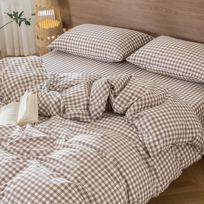 MooMee Gingham Duvet Cover Set 100% Washed Cotton Linen Like Textured Breathable Durable Soft Comfy Modern Checkered Design (Brown Gingham, Palatial King/Oversized King 120"x98")