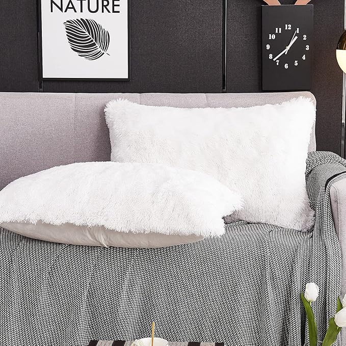 WERDIM Shaggy Fluffy Faux Fur Pillowcases 2 Pack Button Closure Velvet Pillow Shams Standard/Queen Size (White, 20 X 26 Inches)