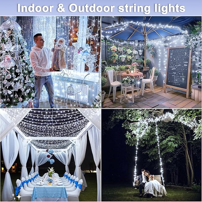 Christmas Lights Outdoor Waterproof, 8 Modes White String Lights for Bedroom Tree Patio Decor