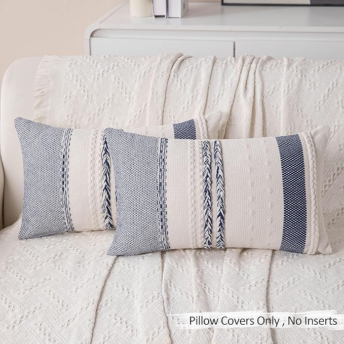 Boho Navy Blue Striped Lumbar Pillow Covers Set of 2-12x20 Inch Decorative Farmhouse Coastal Accent Long Boho Throw Pillows for Couch, Neutral Textured Pillowcase for Bed, Sofa Home Decor