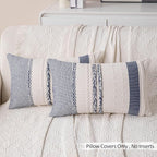 Boho Navy Blue Striped Lumbar Pillow Covers Set of 2-12x20 Inch Decorative Farmhouse Coastal Accent Long Boho Throw Pillows for Couch, Neutral Textured Pillowcase for Bed, Sofa Home Decor