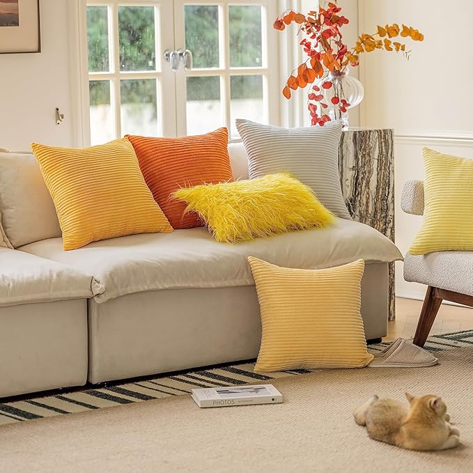 Home Brilliant Yellow Throw Pillow Covers 18x18 Set of 2 Super Soft Couch Pillow Covers Decorative Striped Corduroy Mustard Throw Pillows for Couch Bed Spring, 18 x 18 inch, Sunflower Yellow